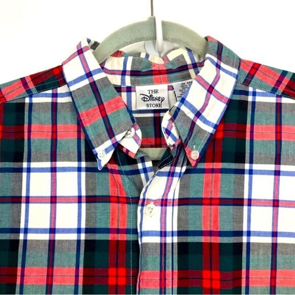 The Disney Store Mickey Mouse Red Green Cotton Plaid Button Down Retro Shirt - Picture 3 of 12